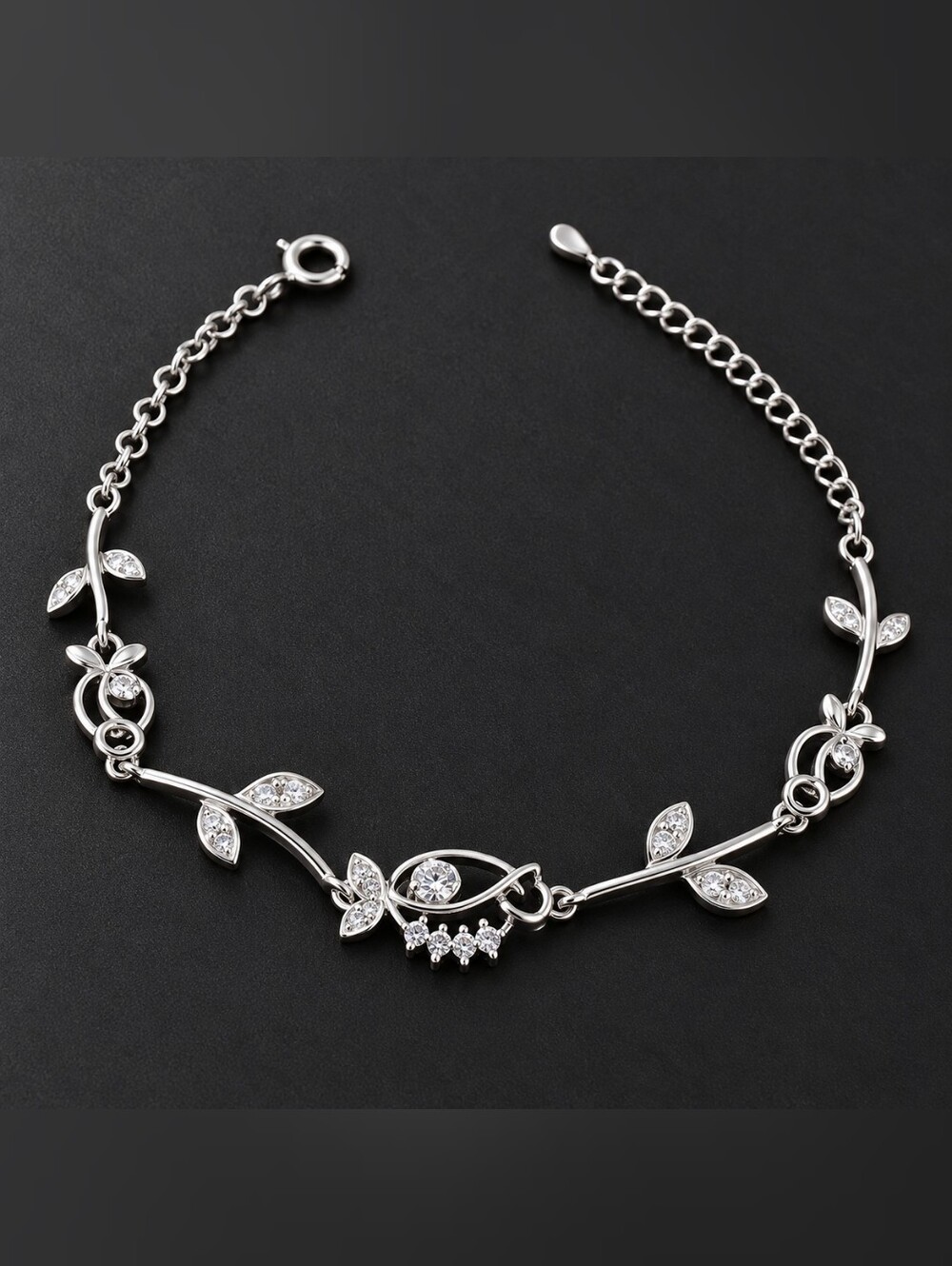 Silver Leaf Crystal Bracelet - Women Jewelry - 18k White Gold PLated